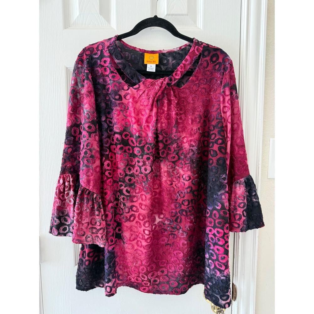 Ruby Rd XL Pink Black Velvet Burnout Tunic Bell Sleeve Whimsigoth Art to Wear - Picture 2 of 8